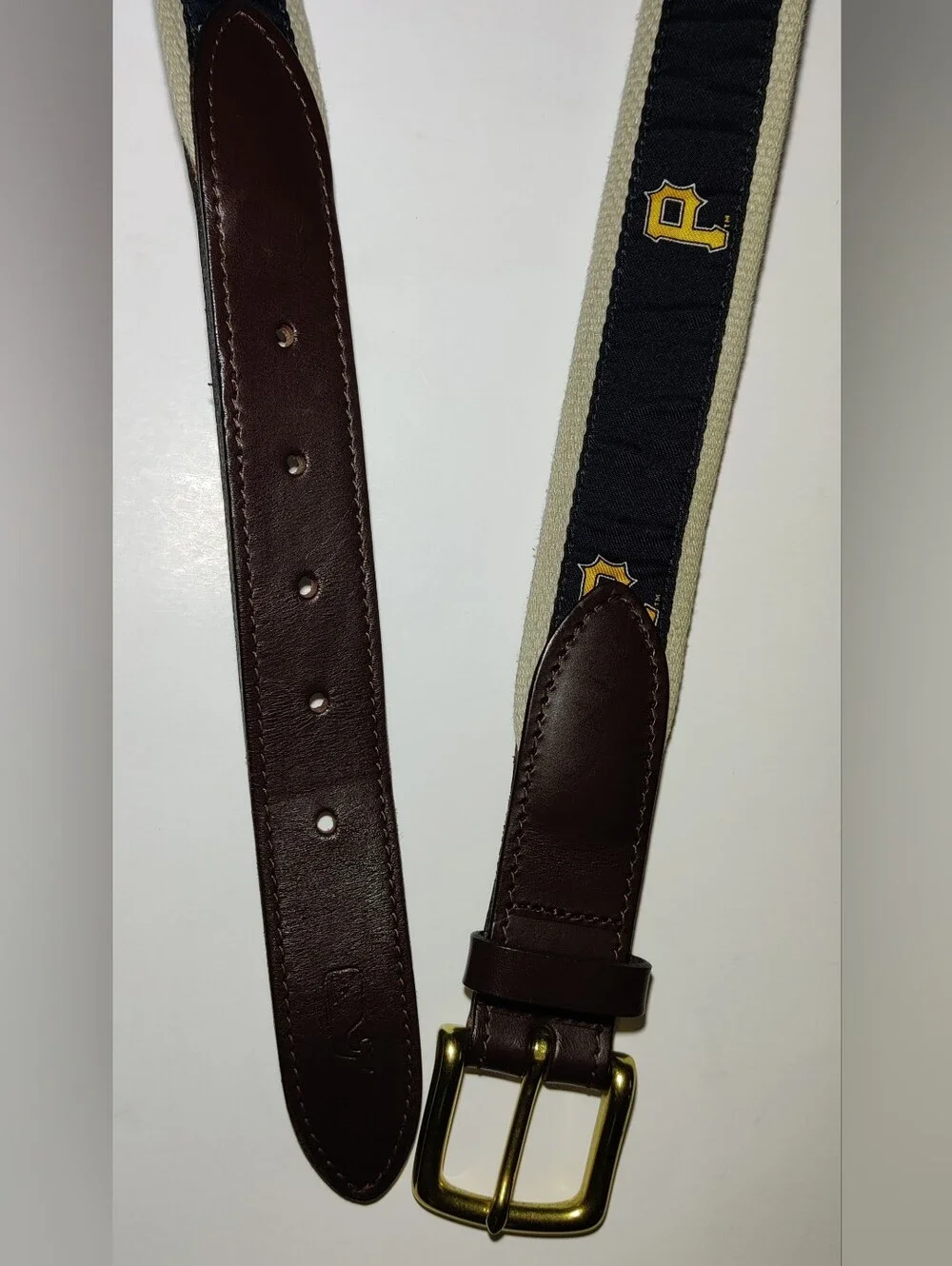 Vineyard Vines Pittsburgh Pirates Needlepoint Belt 34 Canvas Leather Solid Brass